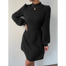 Lantern Sleeve Mock Neck Tweed Dress