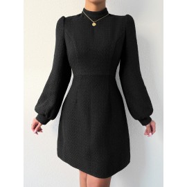 Lantern Sleeve Mock Neck Tweed Dress