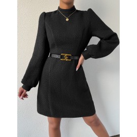 Lantern Sleeve Mock Neck Tweed Dress