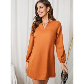 Notched Neckline Lantern Sleeve Dress