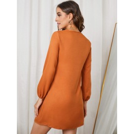 Notched Neckline Lantern Sleeve Dress