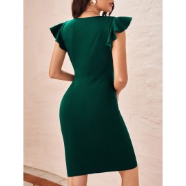 Surplice Neck Ruffle Trim Bodycon Dress