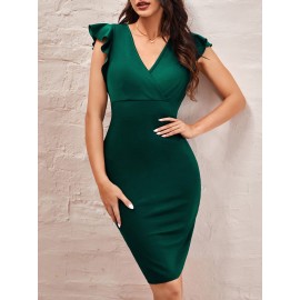 Surplice Neck Ruffle Trim Bodycon Dress