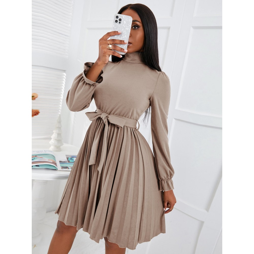 Turtleneck Flounce Sleeve Pleated Hem Belted Dress