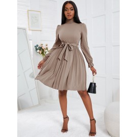 Turtleneck Flounce Sleeve Pleated Hem Belted Dress