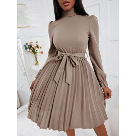 Turtleneck Flounce Sleeve Pleated Hem Belted Dress