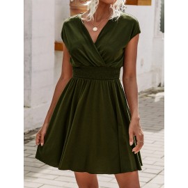 Overlap Collar Shirred Waist Dress