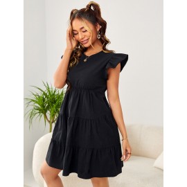 Flutter Sleeve Keyhole Back Ruffle Hem Dress