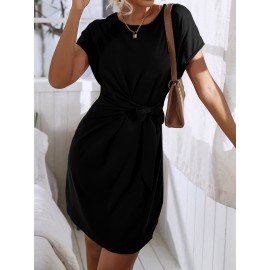 Knot Side Solid Batwing Sleeve Dress