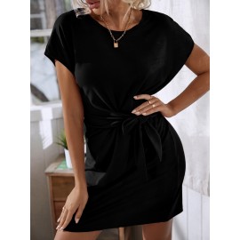 Knot Side Solid Batwing Sleeve Dress