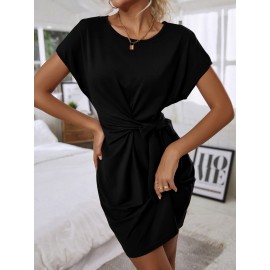 Knot Side Solid Batwing Sleeve Dress