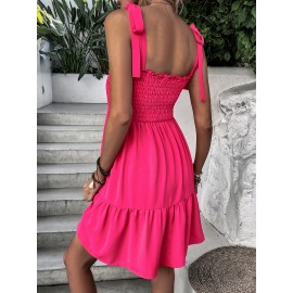 Tie Shoulder Shirred Ruffle Hem  Dress