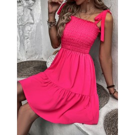 Tie Shoulder Shirred Ruffle Hem  Dress