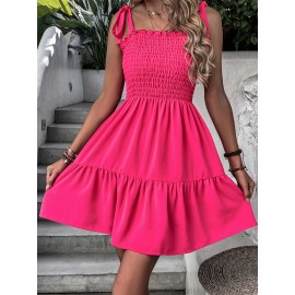 Tie Shoulder Shirred Ruffle Hem  Dress