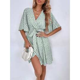 Allover Print Flounce Sleeve Belted Dress