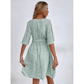 Allover Print Flounce Sleeve Belted Dress