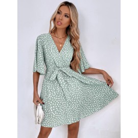 Allover Print Flounce Sleeve Belted Dress