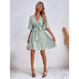 Allover Print Flounce Sleeve Belted Dress