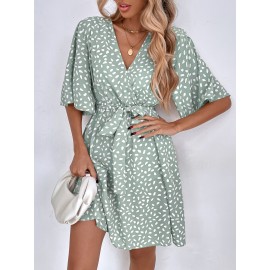 Allover Print Flounce Sleeve Belted Dress