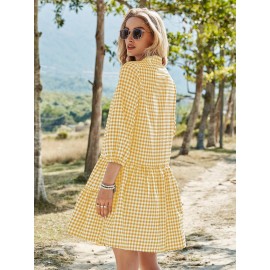 Gingham Notch Neck Ruffle Hem Dress