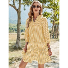 Gingham Notch Neck Ruffle Hem Dress