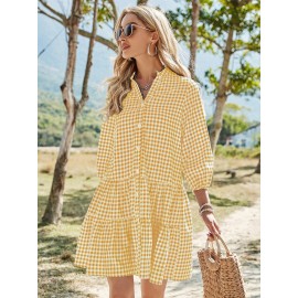 Gingham Notch Neck Ruffle Hem Dress