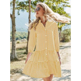 Gingham Notch Neck Ruffle Hem Dress