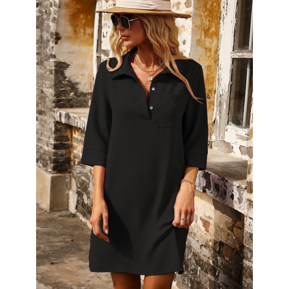 Patched Pocket Polo Collar Tunic Dress