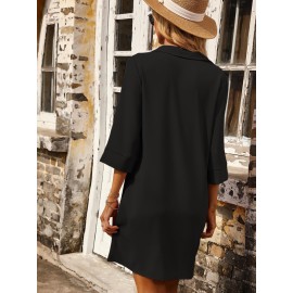 Patched Pocket Polo Collar Tunic Dress