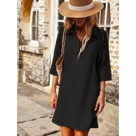 Patched Pocket Polo Collar Tunic Dress