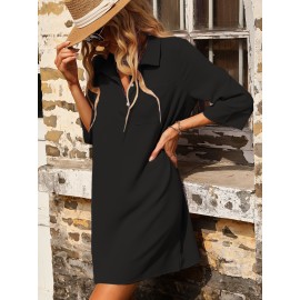 Patched Pocket Polo Collar Tunic Dress