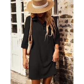 Patched Pocket Polo Collar Tunic Dress