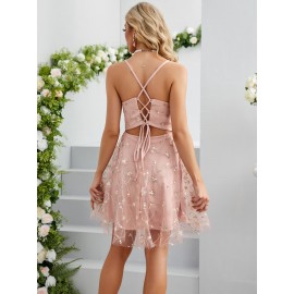 Criss Cross Tie Back Floral Embroidery Mesh  Dress