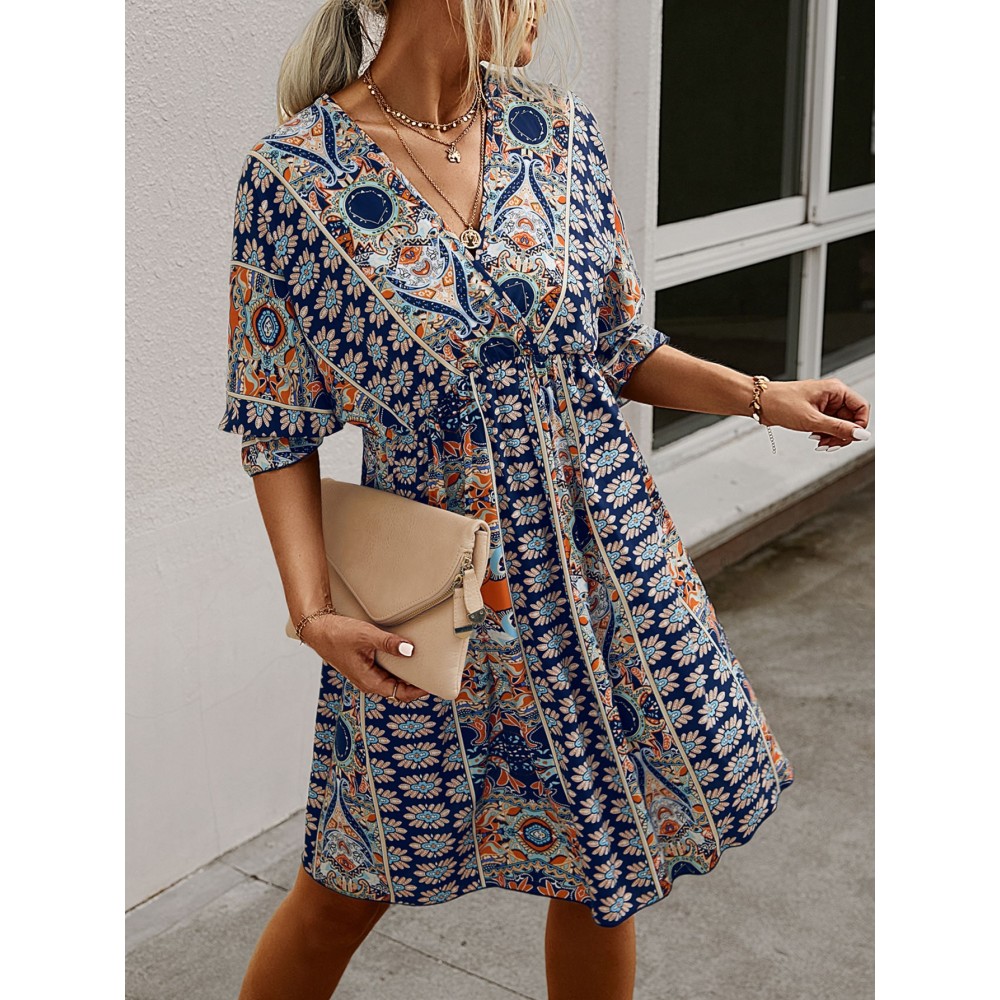 All Over Print Wrap Neck Tie Back Dress