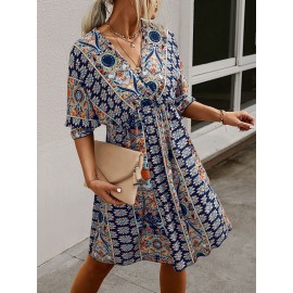 All Over Print Wrap Neck Tie Back Dress