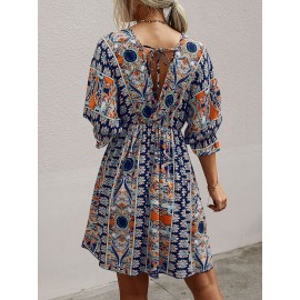 All Over Print Wrap Neck Tie Back Dress