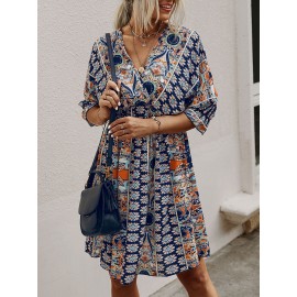 All Over Print Wrap Neck Tie Back Dress