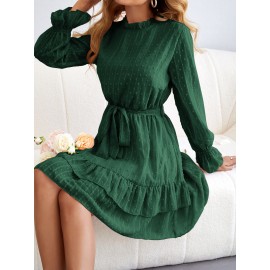 Swiss Dot Frill Neck Flounce Sleeve Ruffle Hem Belted Dress