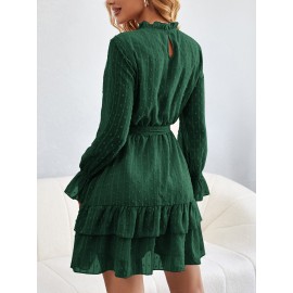 Swiss Dot Frill Neck Flounce Sleeve Ruffle Hem Belted Dress