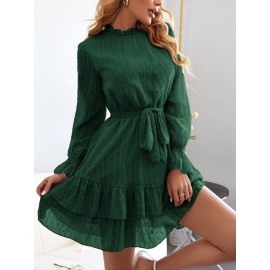 Swiss Dot Frill Neck Flounce Sleeve Ruffle Hem Belted Dress