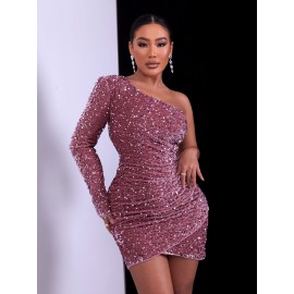 One Shoulder Sequin Wrap Bodycon Dress