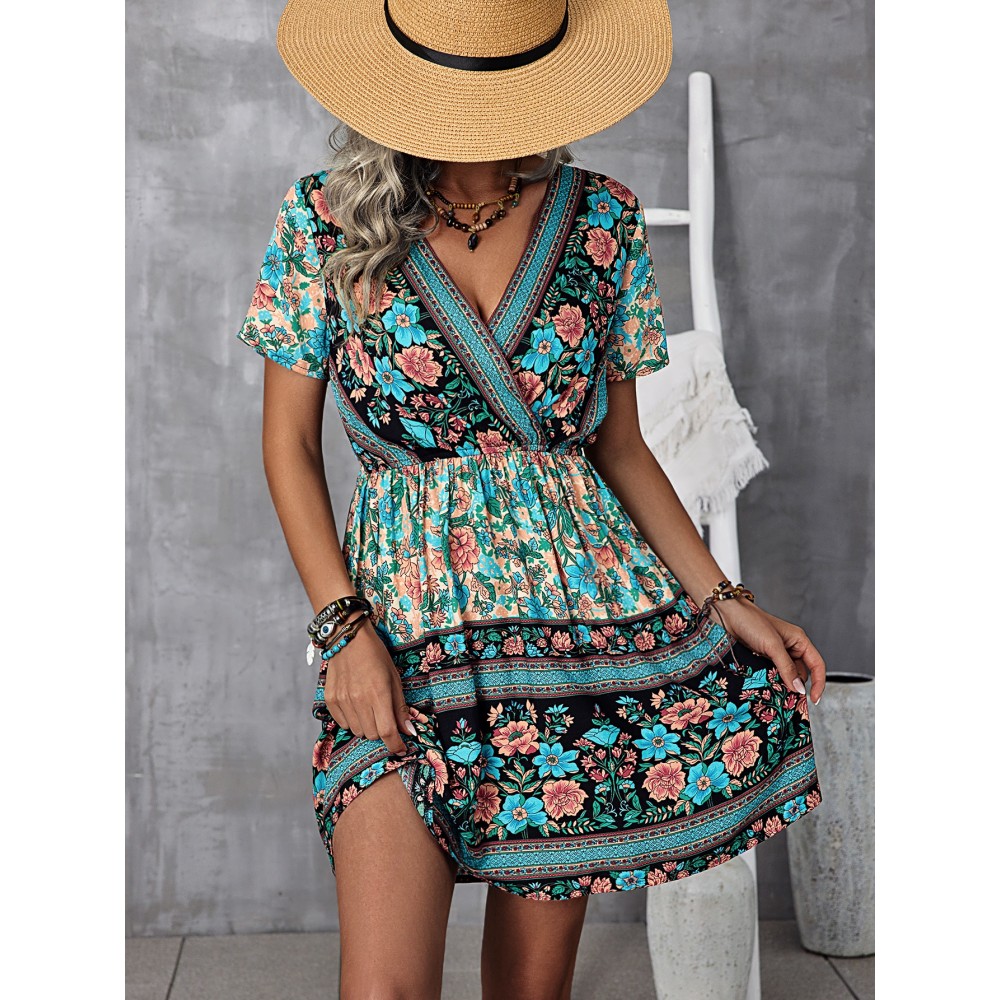 Floral Print Surplice Neck Dress