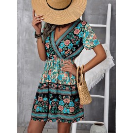 Floral Print Surplice Neck Dress