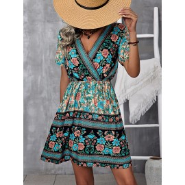 Floral Print Surplice Neck Dress