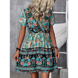 Floral Print Surplice Neck Dress