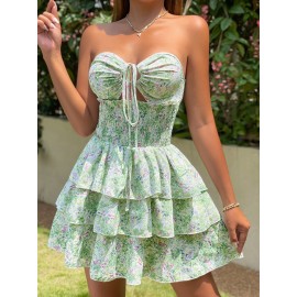 Floral Print Shirred Waist Cut Out Tie Backless Layered Hem Halter Dress