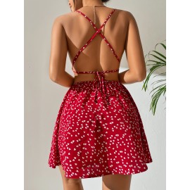 Confetti Heart Print Criss Cross Tie Backless  Dress