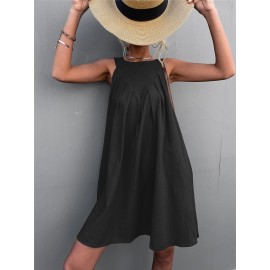 Solid Fold Pleated Keyhole Back Dress