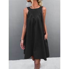 Solid Fold Pleated Keyhole Back Dress