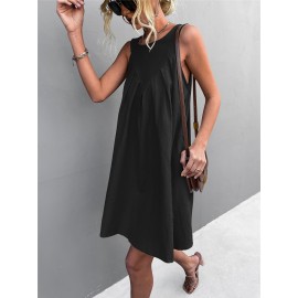 Solid Fold Pleated Keyhole Back Dress